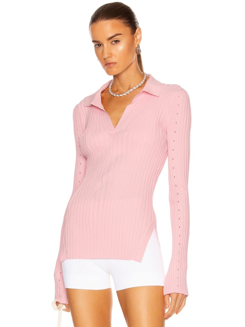 Helmut Lang Slash Polo Top Pink Ribbed Long-Sleeve Top L